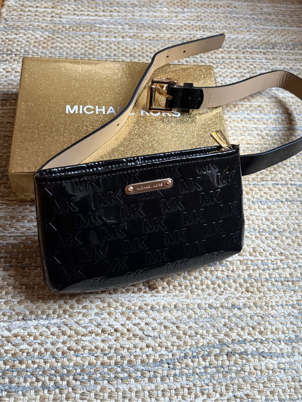Michael Kors Black Patent Logo Mini Belt Bag with Gold Hardware